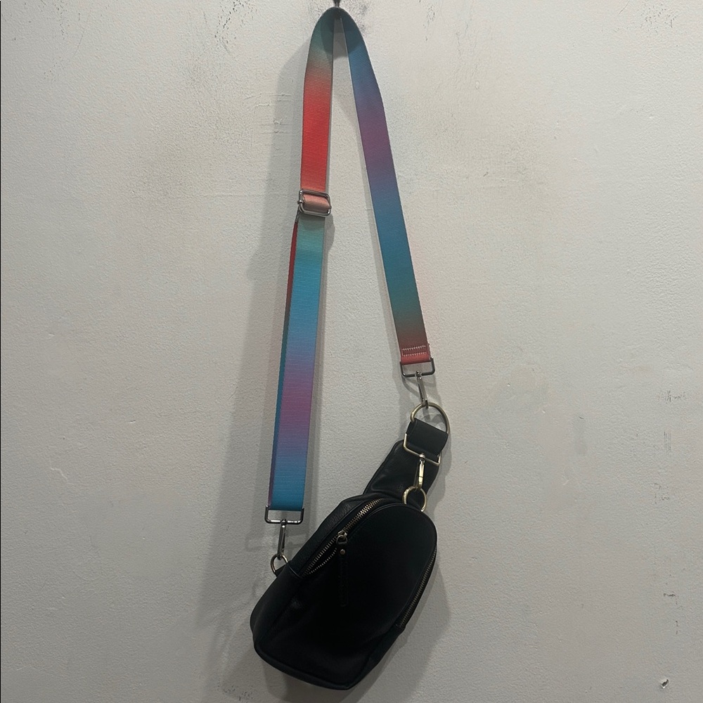 Anthropologie liberty crossbody bag faux leather black rainbow strap functional